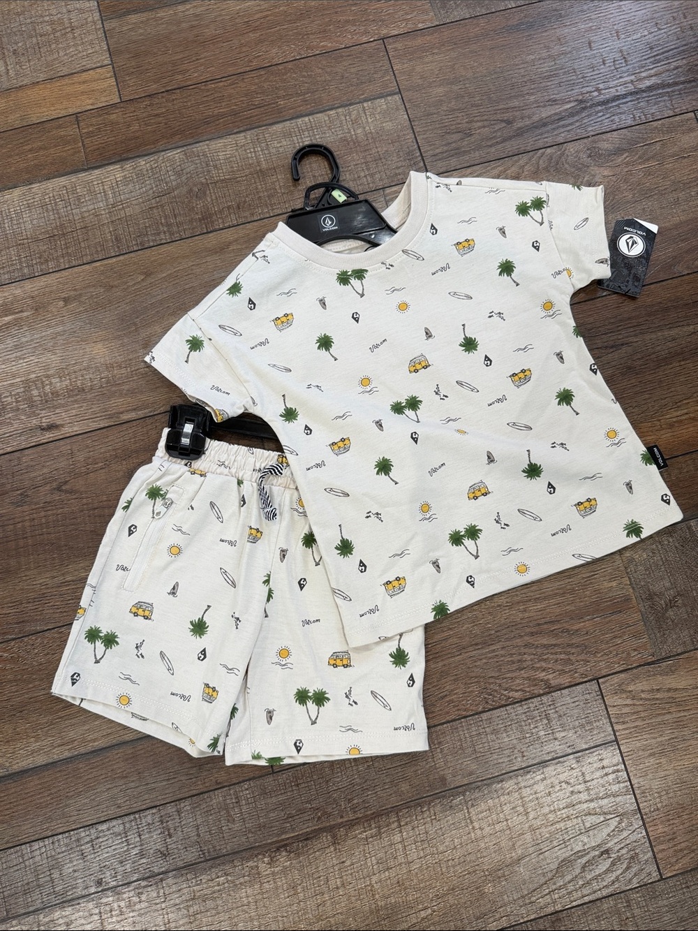 Volcom Two-Piece Tee & Short Set in Cream with Green Palm Print